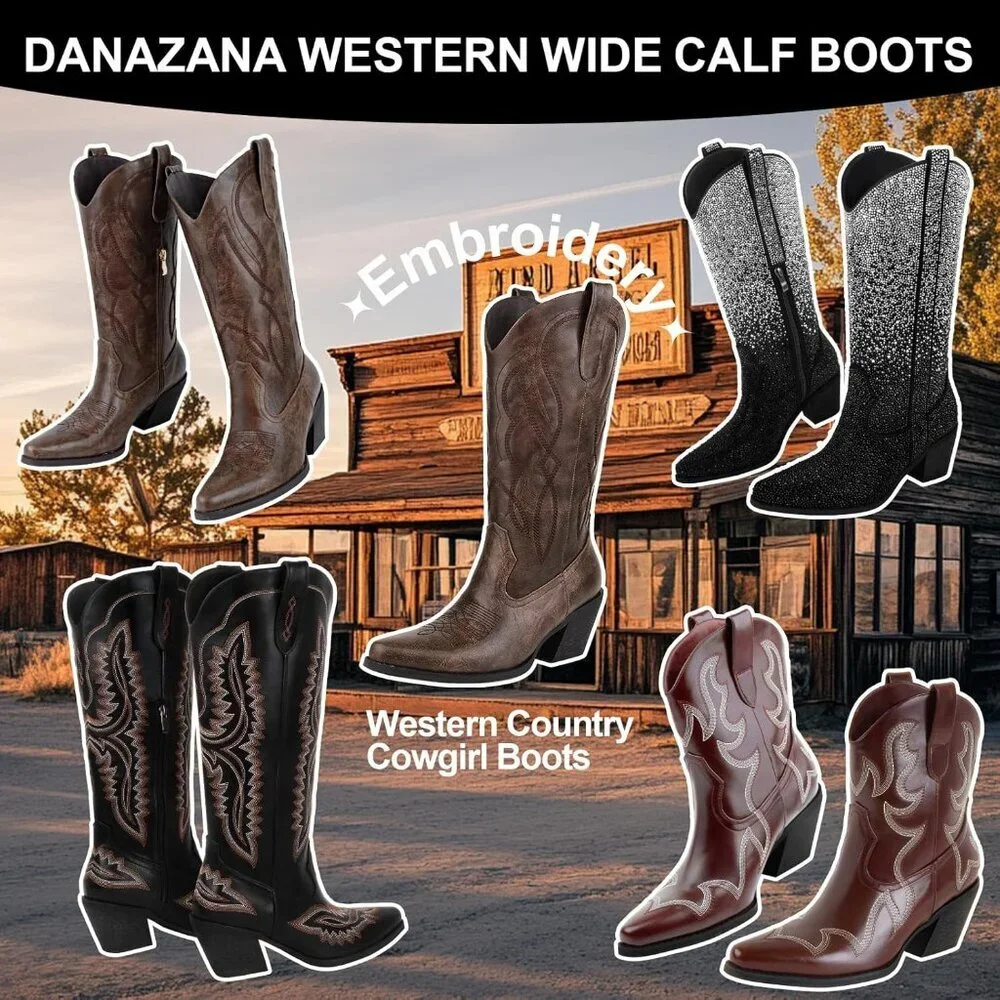 Women Brown Wide Calf Rhinestones Pointed Toe Chunky Heel Embroidered Boots - Picture 7 of 8